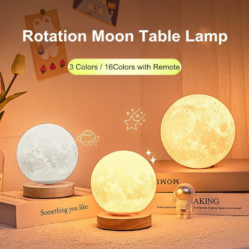 3D Rotation Moon Table Lamp with 3 colors and remote control, perfect for home decor and ambiance lighting.