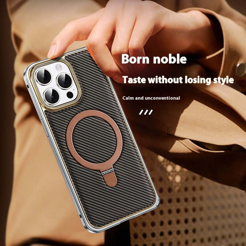 Elastic buckle carbon fiber pattern phone case featuring stylish brown ring, anti-drop protection for Apple models.