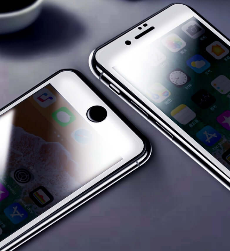 Two mobile phones with tempered glass anti-peeping screen protectors showing sleek design and vibrant apps.