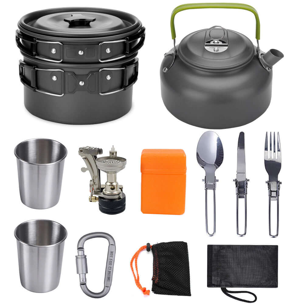 Portable camping cookware set including pots, teapot, utensils, stainless steel cups, and burner for outdoor cooking.