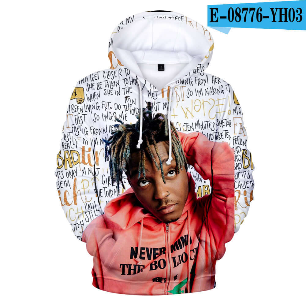 Juice Wrld 3D hoodie featuring vibrant colors and lyrics design. Perfect for hip-hop fans and casual wear.