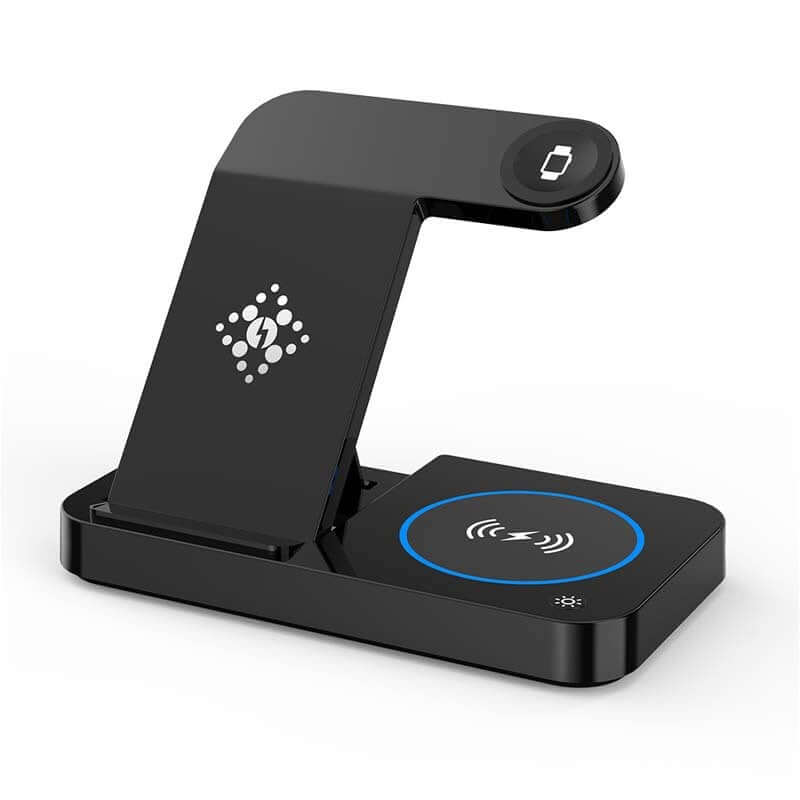 Folding three-in-one wireless charging stand with multiple charging outputs for phones, headphones, and smartwatches.