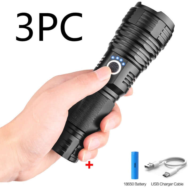 Hand holding a USB rechargeable P70 outdoor flashlight with battery and charger cable, showcasing powerful LED features.