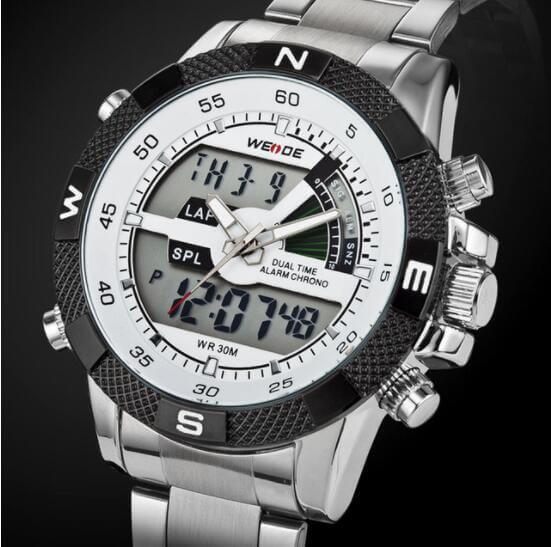 WEIDE men's luxury sports watch with dual time, alarm, and chronograph features, stylish silver wristwatch for casual and military use.