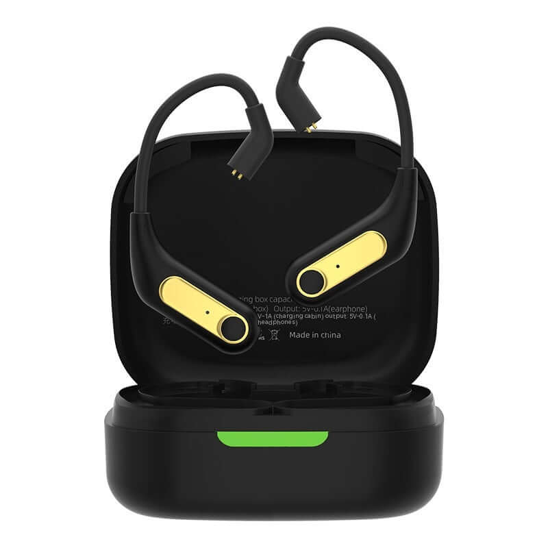Black Qualcomm 5.2 chip wireless Bluetooth headphones in charging case, featuring ear-mounted design and Type-C cable.