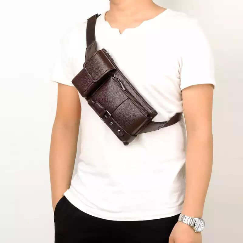 Men's brown waist bag with cell phone pockets, stylish and practical for everyday use.