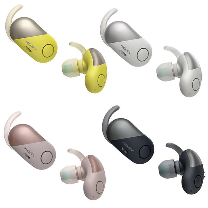 True wireless in-ear Bluetooth noise-canceling headphones in yellow, rose gold, white, and black.