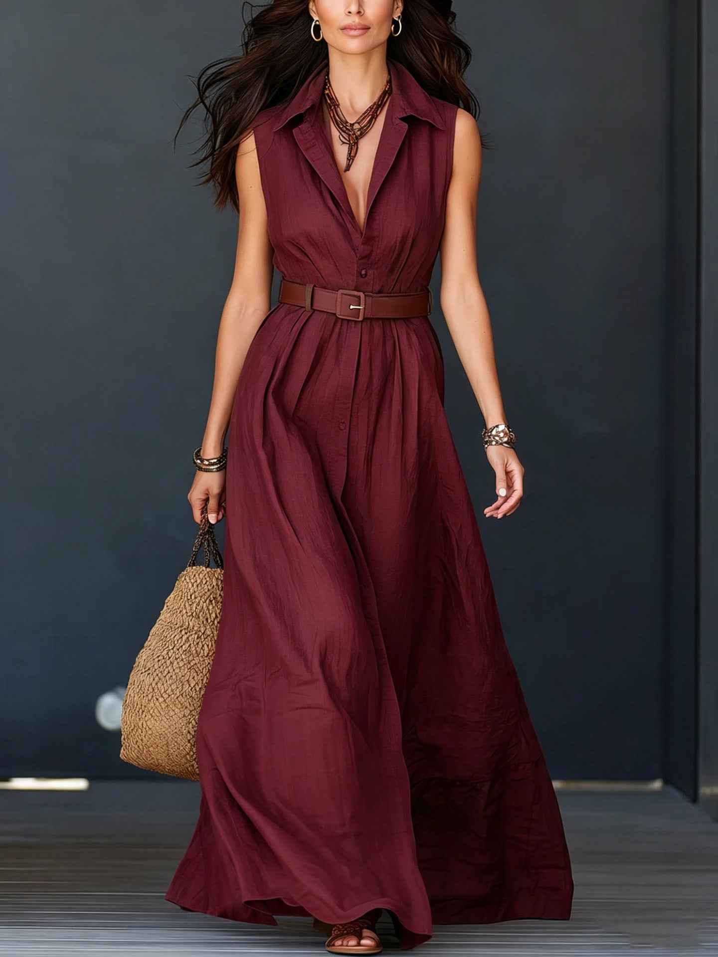 Sleeveless Lapel-neck Waist-cinching Shirt Dress - DBMP Shop