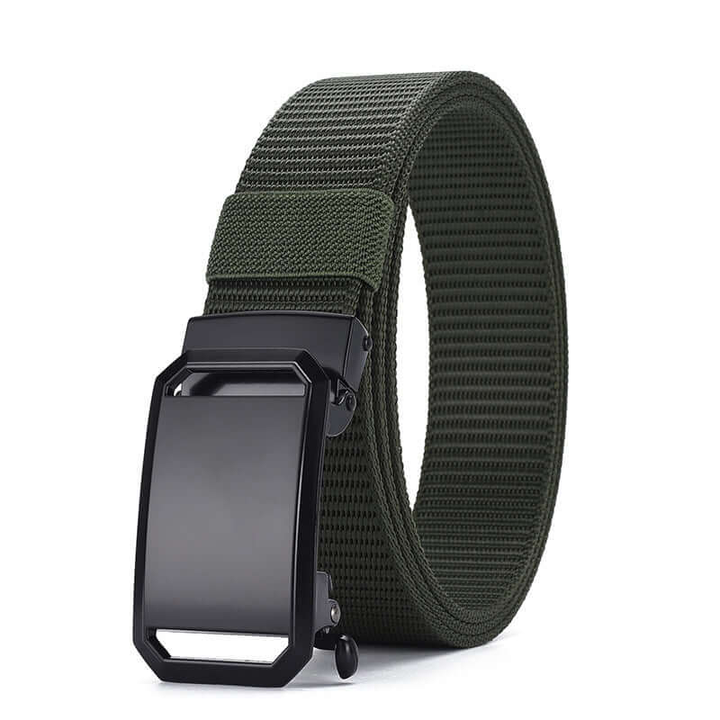 Men's dark green canvas belt with automatic metal buckle, 120cm or 130cm length, versatile and stylish accessory.