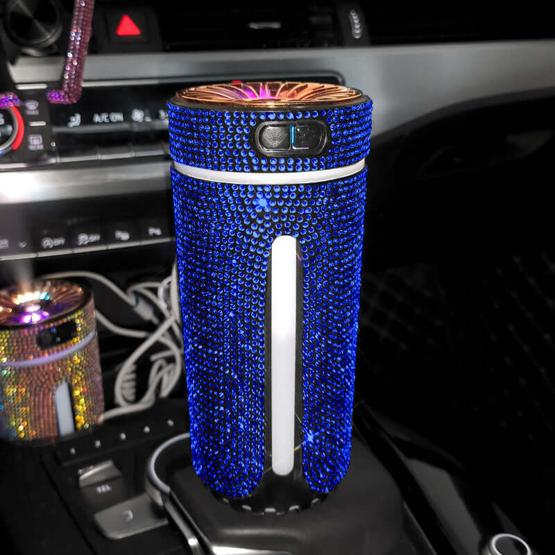 Luxury diamond car humidifier with LED light, stylish accessory for aromatherapy and air purification in vehicles.