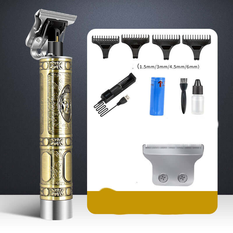 Professional electric hair clipper with engraving design and accessories, including interchangeable combs and cleaning tools.