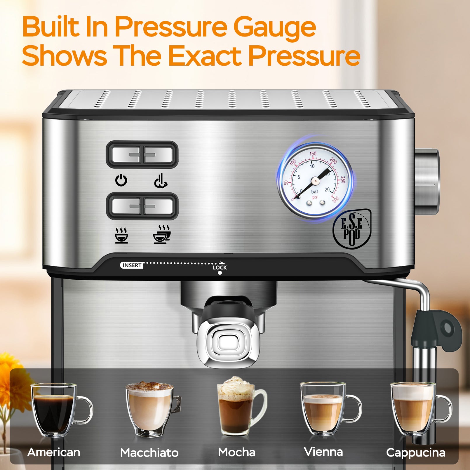 20 Bar Professional Espresso Machine With Milk Frother, Single Double Shot, ESE Pod Compatible, Visual Display Of Pressure, Removable Water Tank For Cappuccino, Latte, Machiato For Home Barista - DBMP (Electronics And More Store)