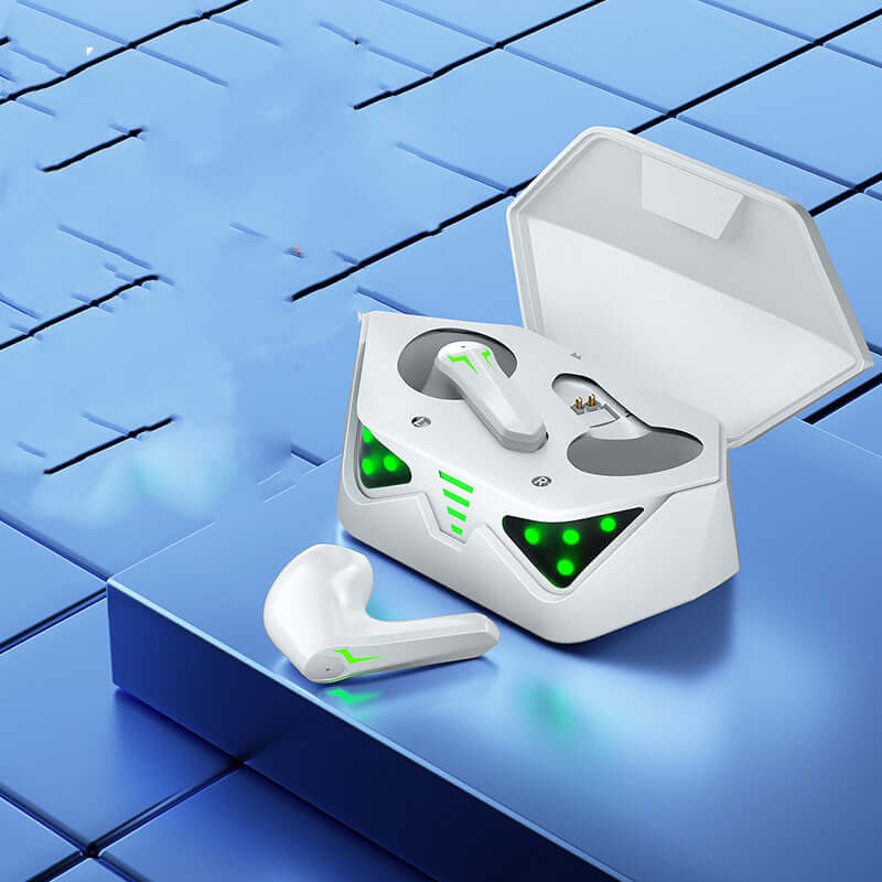 Gaming TWS Wireless Bluetooth Headset LK-GM01 in charging case, featuring vibrant green LED lights.