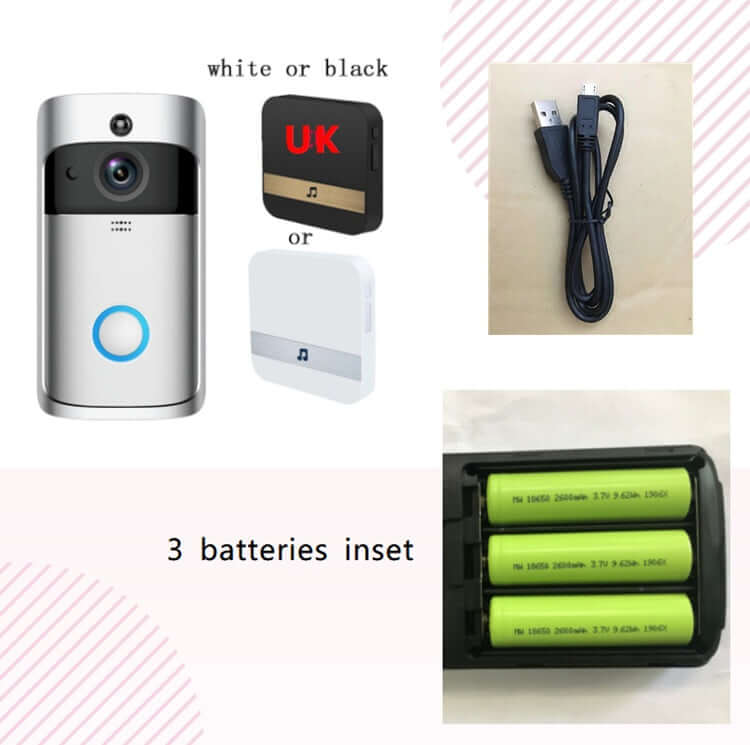Video doorbell with three batteries, USB charger, and power adapter options in white or black.