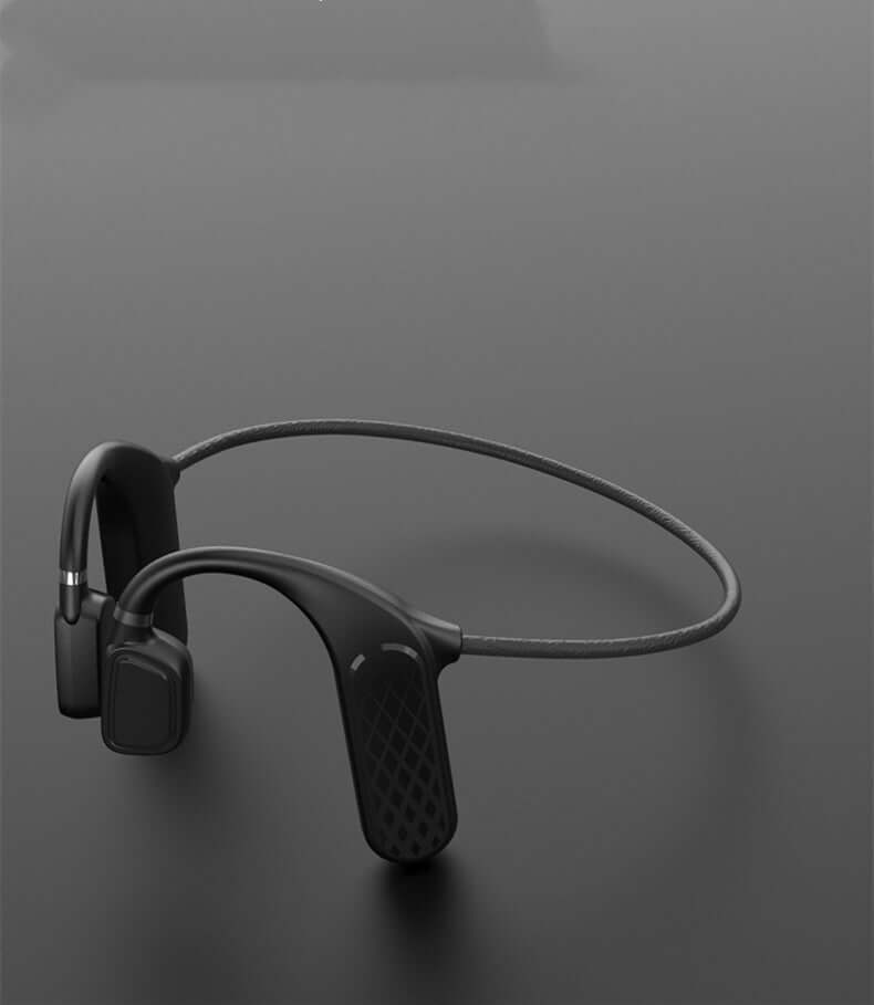 Bone conduction true wireless ear-mounted earphones in black, offering multi-point connection and voice control.