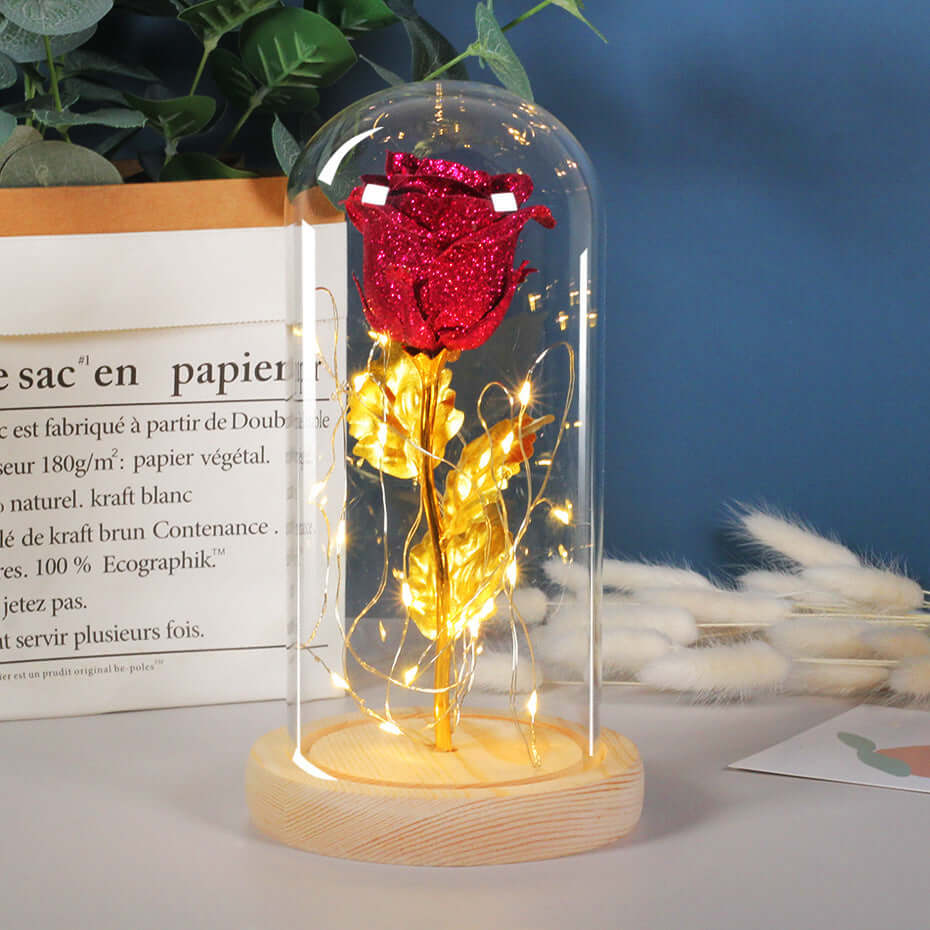 Eternal rose lamp with LED lights in glass cover, ideal Valentine's Day gift for girlfriend or wedding decoration.