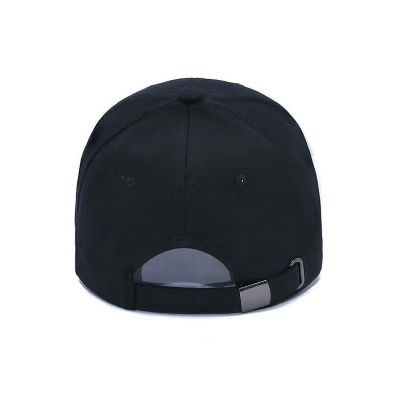 Back view of a black Korean style fashion patch baseball hat for men with flat brim suitable for summer.