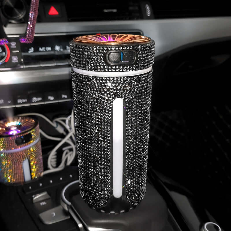 Luxury diamond car humidifier with LED light, ideal for aromatherapy and air purification in vehicles.