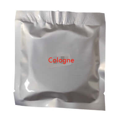 White sachet packaging labeled 'Cologne' for fragrance product.