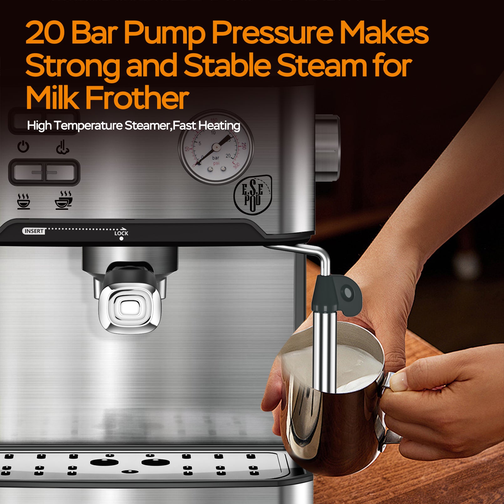 20 Bar Professional Espresso Machine With Milk Frother, Single Double Shot, ESE Pod Compatible, Visual Display Of Pressure, Removable Water Tank For Cappuccino, Latte, Machiato For Home Barista - DBMP (Electronics And More Store)