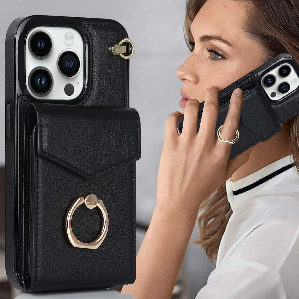 Creative black leather phone cover featuring a ring holder and card pocket for Apple devices.