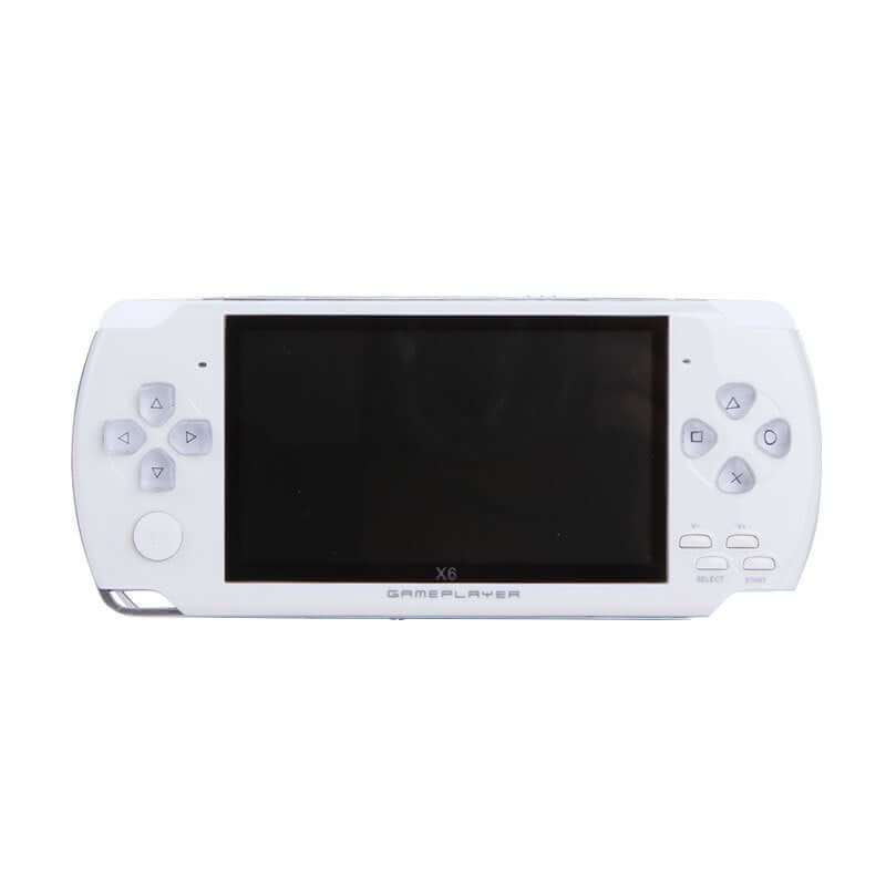 Handheld game console X6 32-bit with 4.3-inch HD screen, featuring button controls and sleek white design.