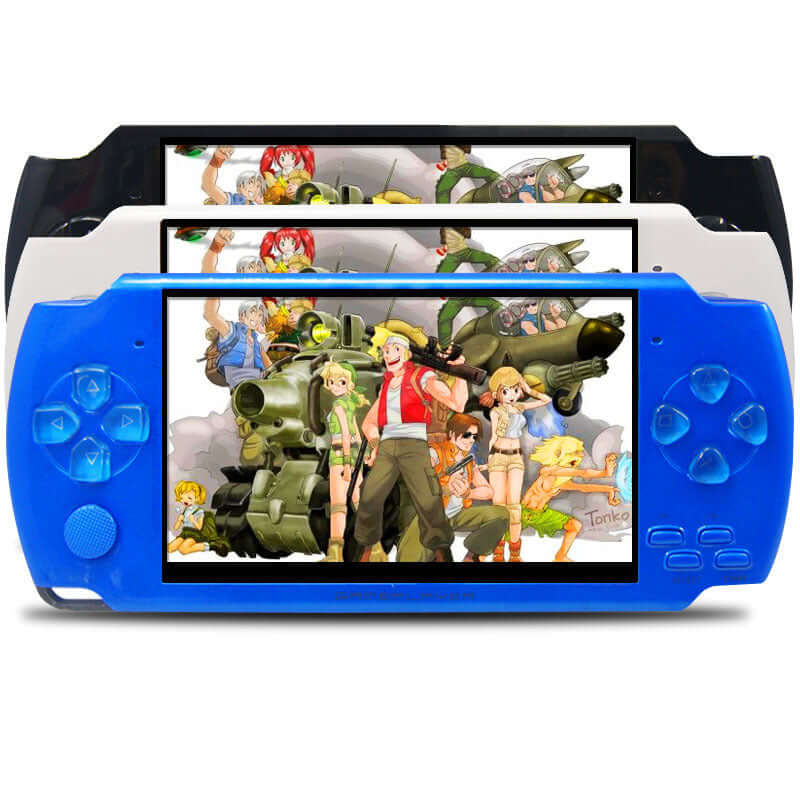 Handheld game console in blue, black, and white with 4.3-inch HD screen displaying animated characters and military vehicles.
