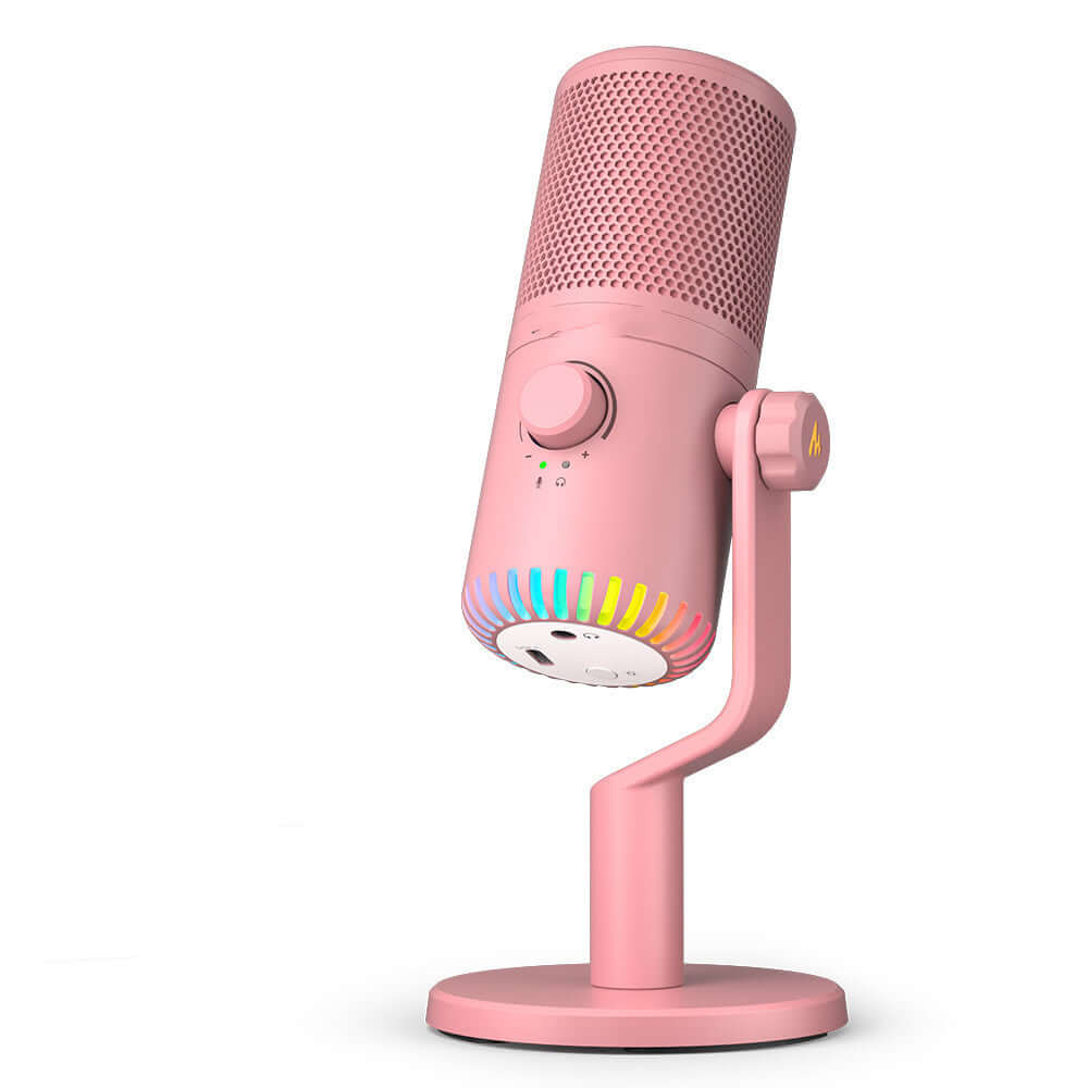 Pink USB condenser microphone for home computers and cell phones with cardioid pickup pattern and multicolor LED base.
