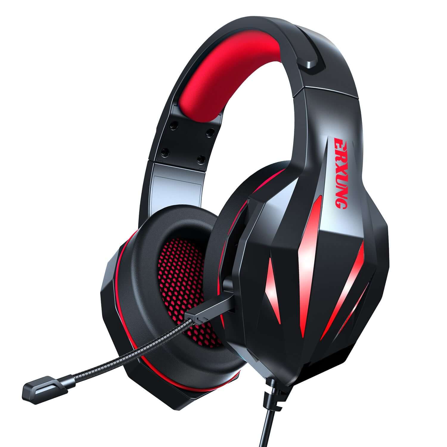 Wired gaming headset with luminous accents and a microphone for immersive audio experiences.