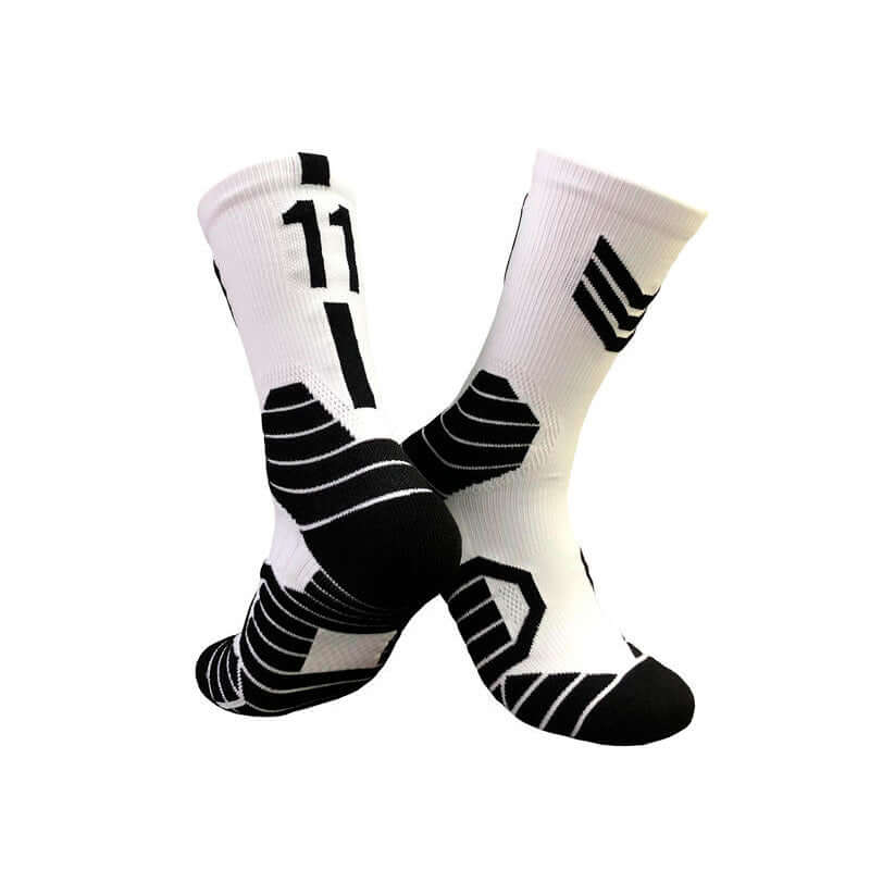 Superstar basketball socks in white and black, featuring striped design and number 11, suitable for athletes and sports enthusiasts.