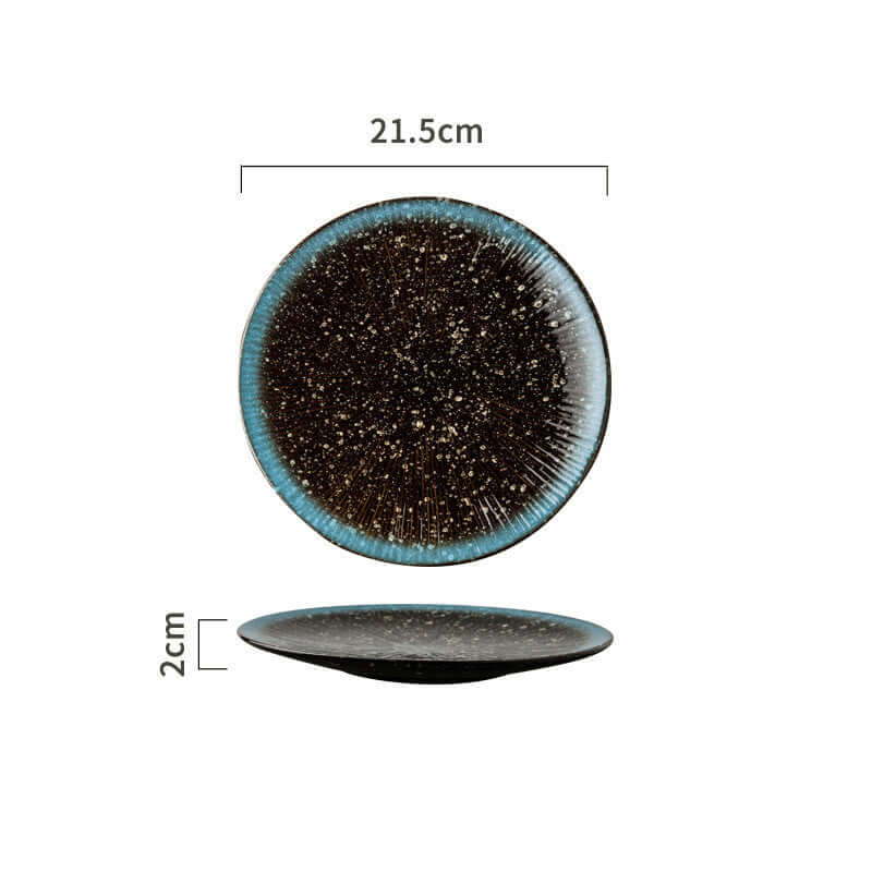 Ceramic Japanese cuisine plate, 21.5cm diameter, 2cm height, featuring a unique starburst design.