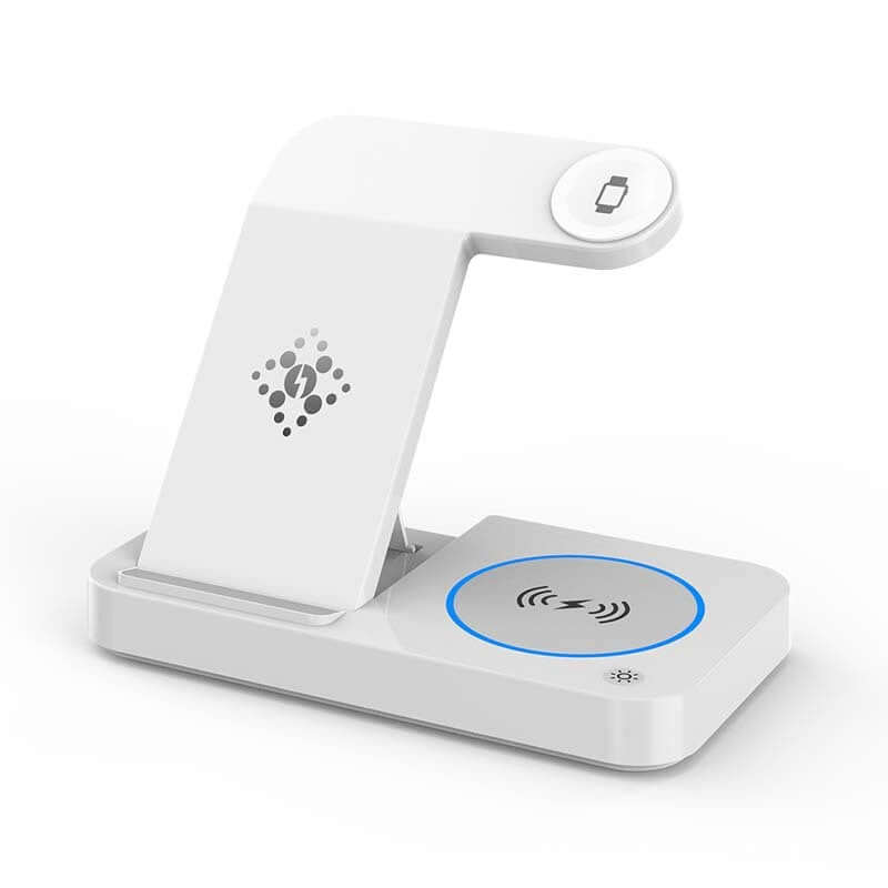Folding three-in-one wireless charging stand, compact design, capable of charging phone, headphones, and watch.