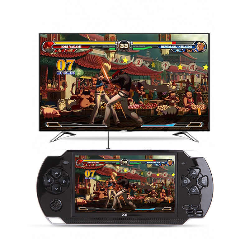 Handheld game console X6 playing a game displayed on a TV, featuring vibrant graphics and action gameplay.