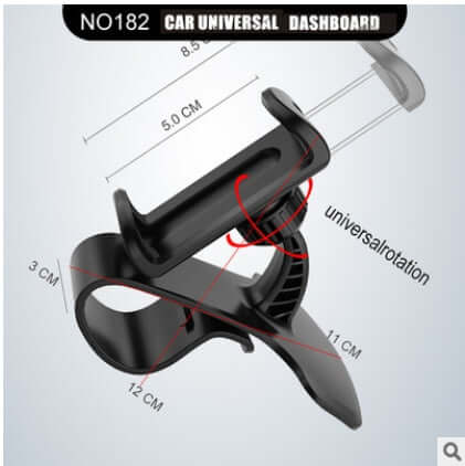 360-degree rotation universal car phone holder design with adjustable dimensions for dashboard use.