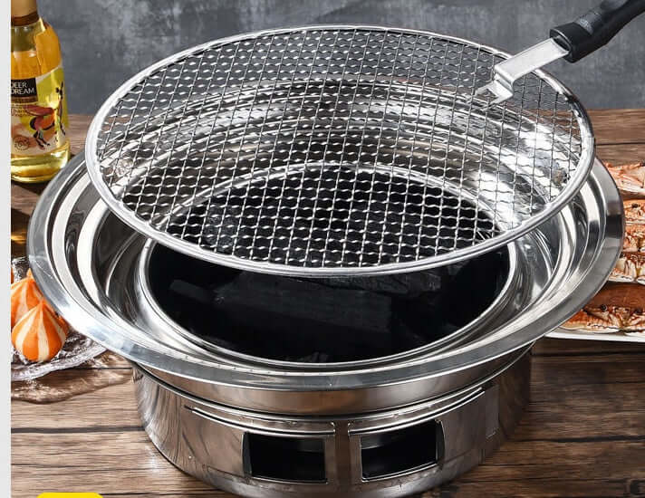Korean stainless steel charcoal barbecue grill with grilling net for exquisite consumer and commercial use.