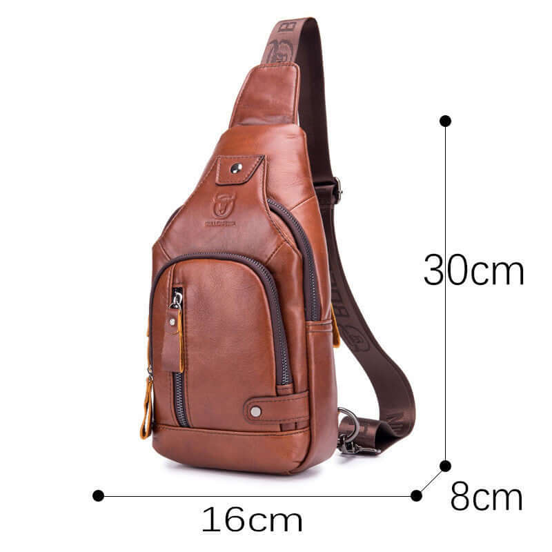 Brown leather street casual messenger bag with multiple pockets and adjustable strap, dimensions 30x16x8cm.