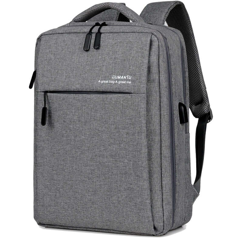 Waterproof shockproof rechargeable laptop backpack in gray, ideal for travel and daily use with durable Oxford cloth material.