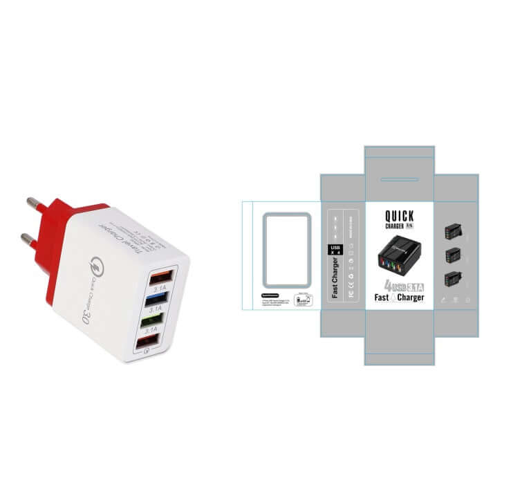 USB charger with 4 ports, Quick Charge 3.0, and packaging for fast charging of multiple devices.