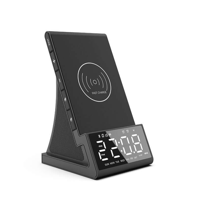 Bluetooth charging alarm clock radio with fast charging and LED display for time and alarm features.