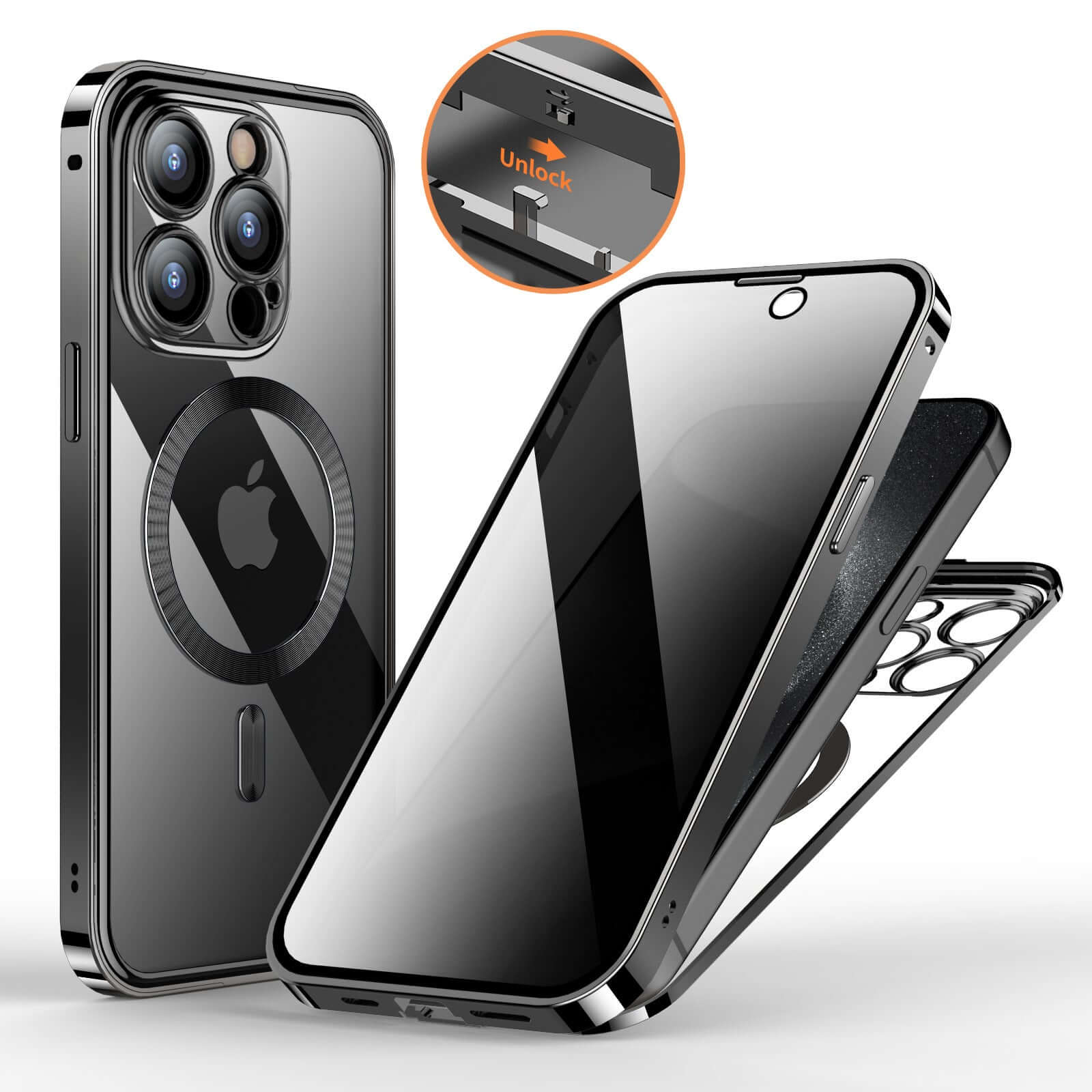 Anti-privacy metal buckle magnetic support phone case with full cover, showcasing black design and sensitive touch features.