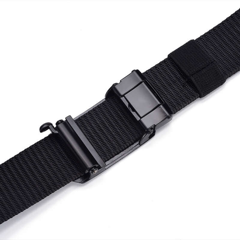 Close-up of a black men's canvas belt featuring a toothless automatic buckle.