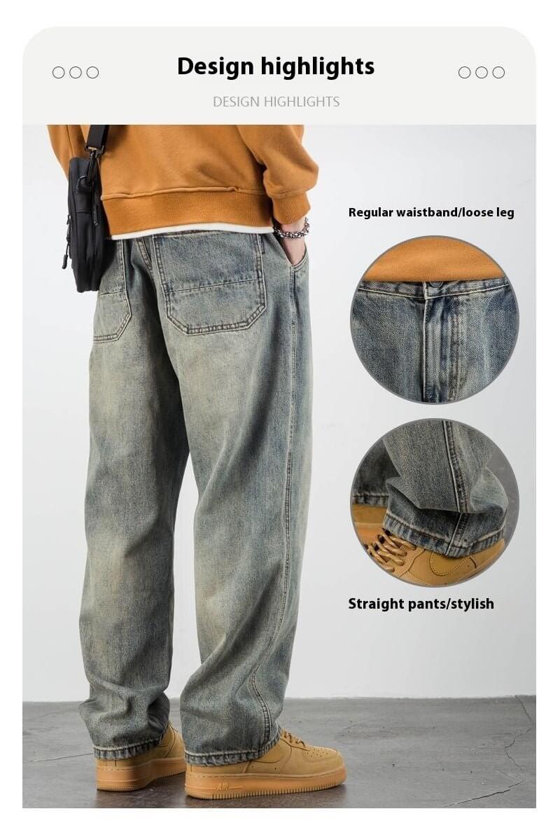 American Casual Yellow Mud Dyed Jeans Straight Loose - DBMP (Electronics And More Store)