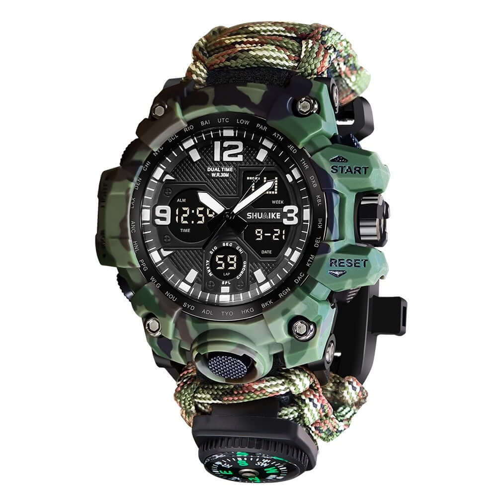 Double display electronic watch with compass, thermometer, and camouflage design for men.