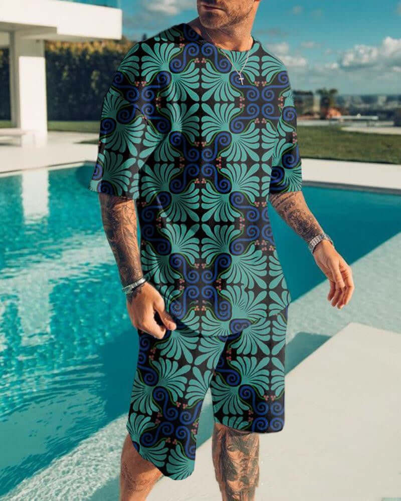 Men's T-shirt and shorts set with 3D stripes digital printing by the pool, showcasing a vibrant pattern.