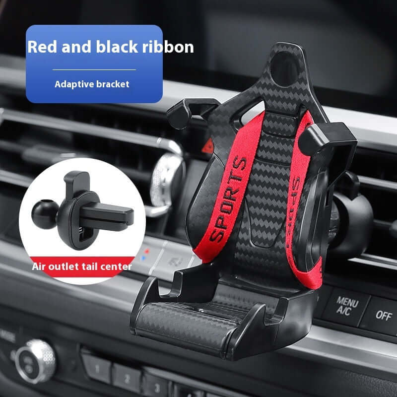 Racing seat shape car phone holder with red and black ribbon, adaptive bracket for secure air vent mounting.