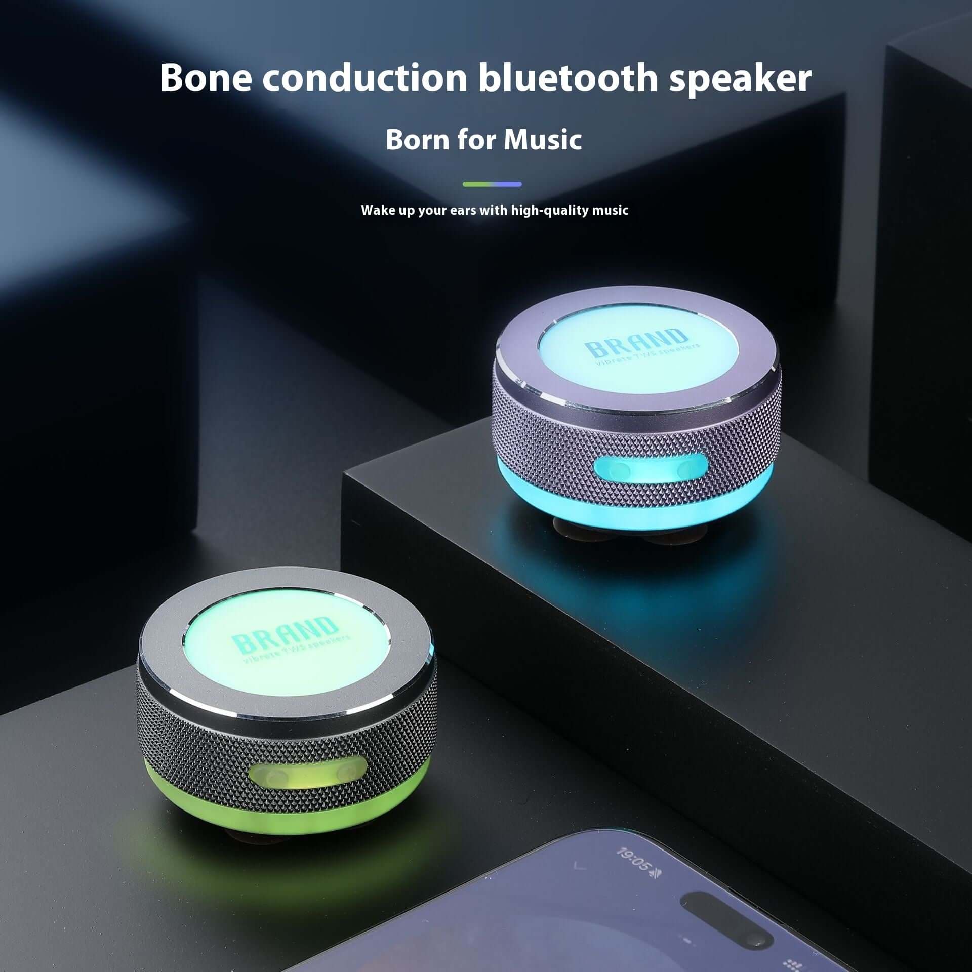 Small Wireless Bone Conduction Speakers Bluetooth Vibration speaker with LED light on a dark surface.