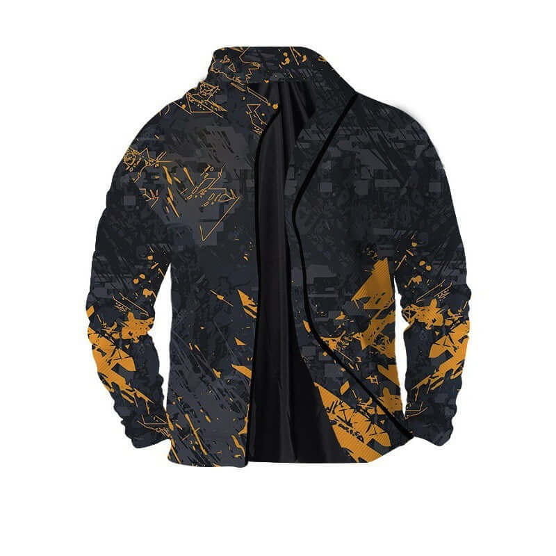 Men's 3D zipper jacket in black and orange digital print, suitable for teenagers, with solid color and loose fit.