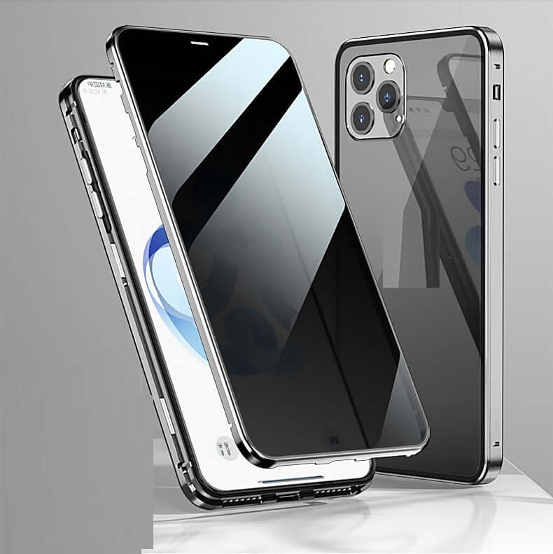 Clamshell phone case with double-sided glass cover and magnetic adsorption, compatible with iPhone models, showcased in a sleek design.