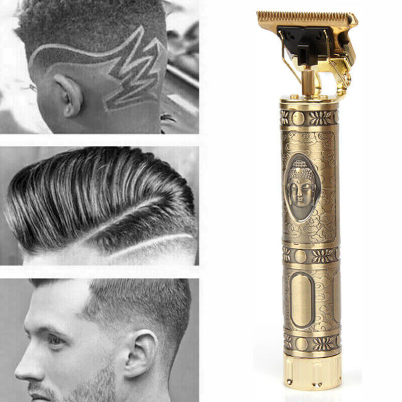 Professional USB electric hair clippers and stylish haircuts showcasing precise beard and hair cutting designs.