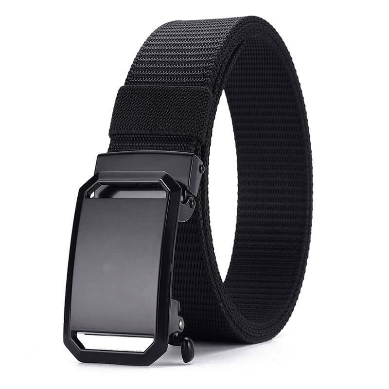 Men's automatic buckle canvas belt in black with unique quadrilateral buckle, perfect for casual wear.